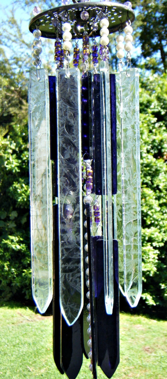 Stained Glass Wind Chime Purple Clear Leaf Pattern by GlassMotion