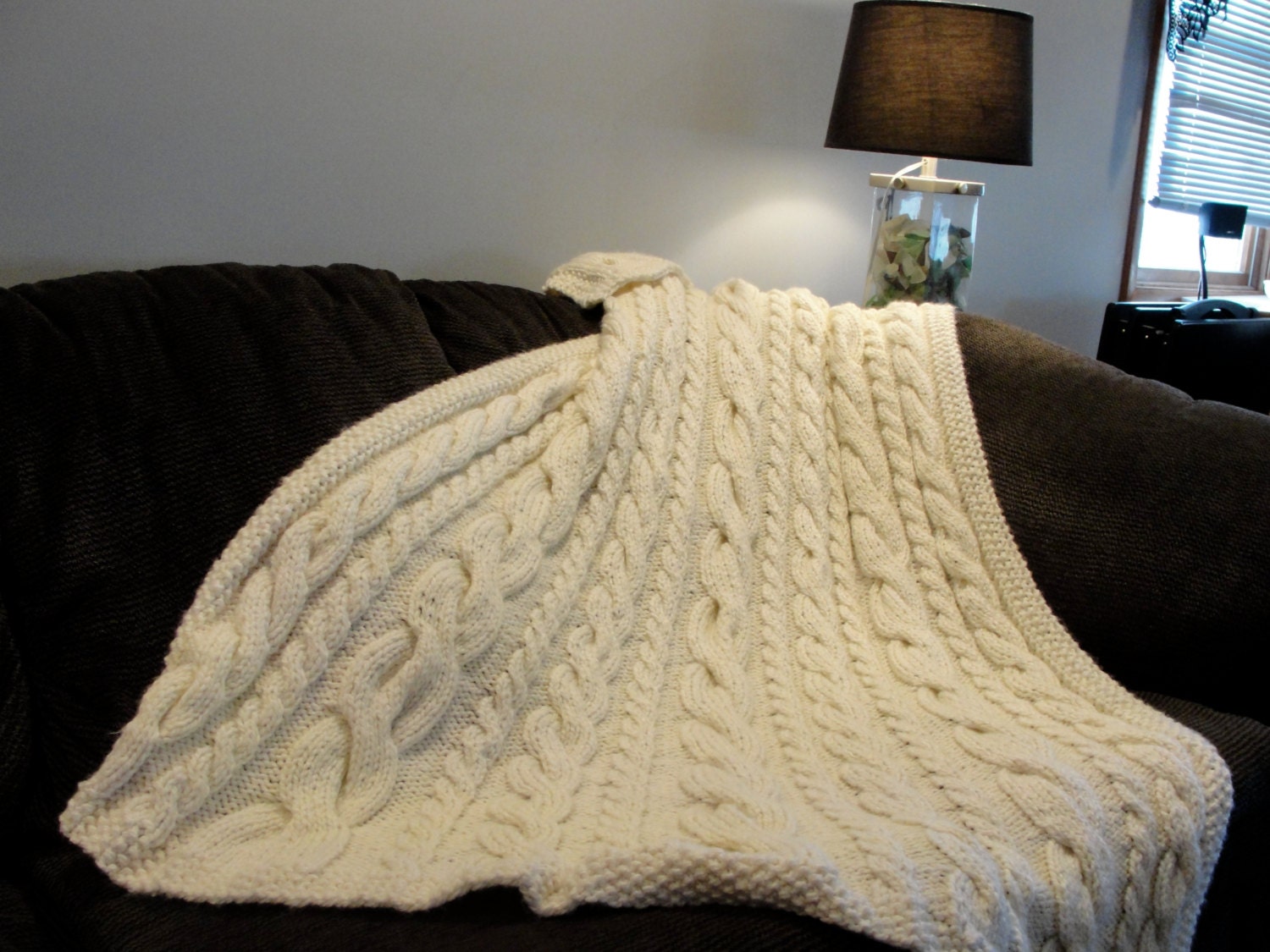 Hand Knit Cable Throw/ Blanket/ Afghan Irish Knit Ivory