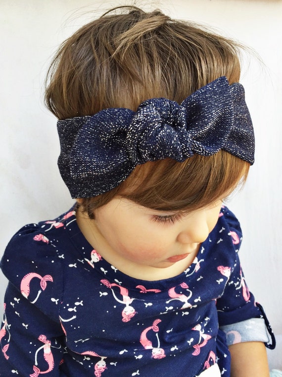 Navy sparkle top knot headband by turbansfortots on Etsy