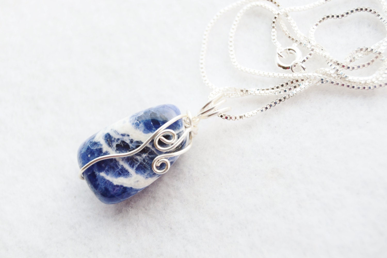 Sodalite necklace blue and white gem wire wrapped sodalite