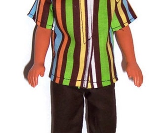 Ken Doll Clothes-Brown Striped Short Sleeve Shirt & Brown Pants