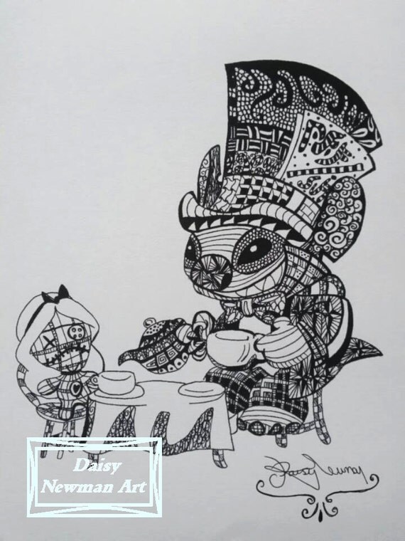 Download Mad Hatter Stitch Zentangle Ink Drawing A4 High by ...