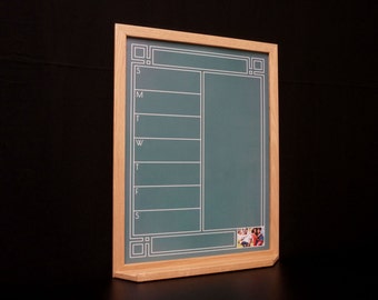 Green Art Deco Chalkboard Weekly Calendar / Meal Planner Whiteboard - Framed Chalkboard Calendar Organizer - Personalized Dry Erase Planner