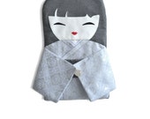Doll Bag Japanese, White elegant jacquard bag, Silvery Kimono, OOAK