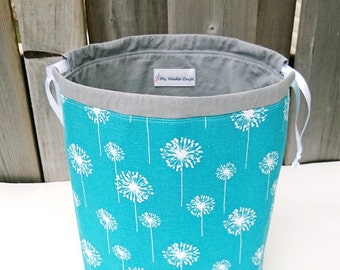 Knitting Project Bag in turquoise dandelion print, Two at a Time Knitting Bag, Yarn Organizer, Drawstring Bag - Medium Socksack