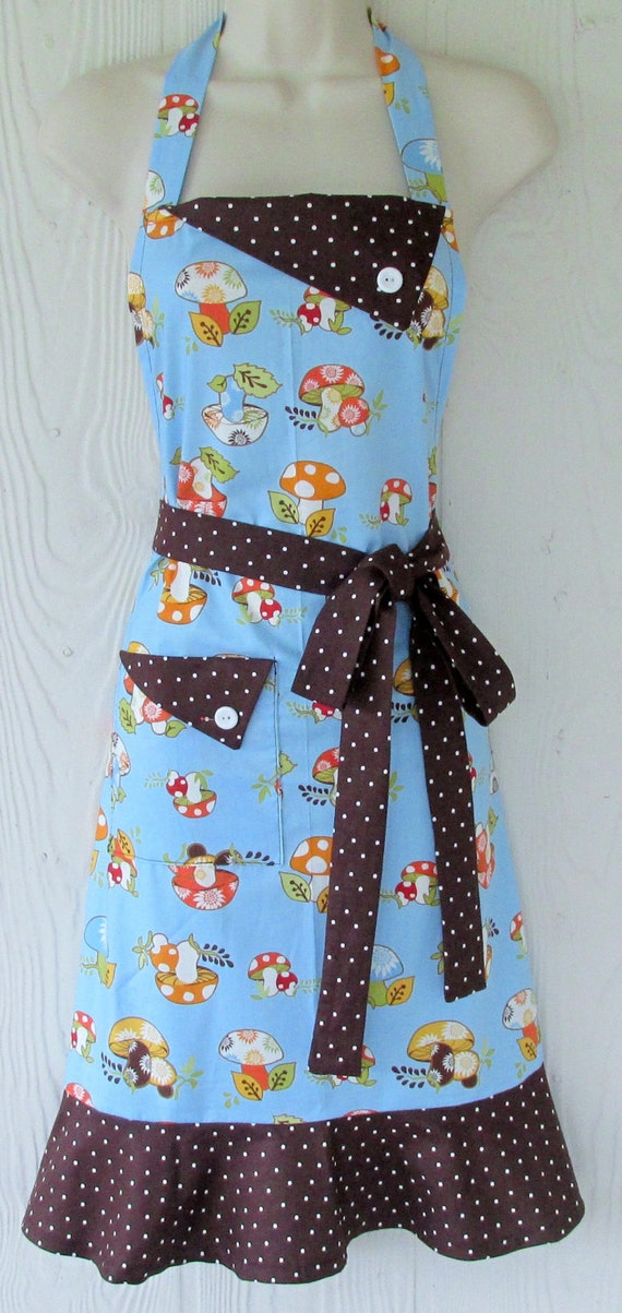 Cute Mushroom Apron Blue Apron Polka Dot Retro Style