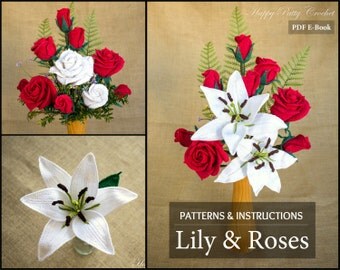 CROCHET PATTERNS BUNDLE - Crochet Flower Pattern Bundle - Crochet Lily & Roses for Bouquets, Decoration, Hair and Brooches