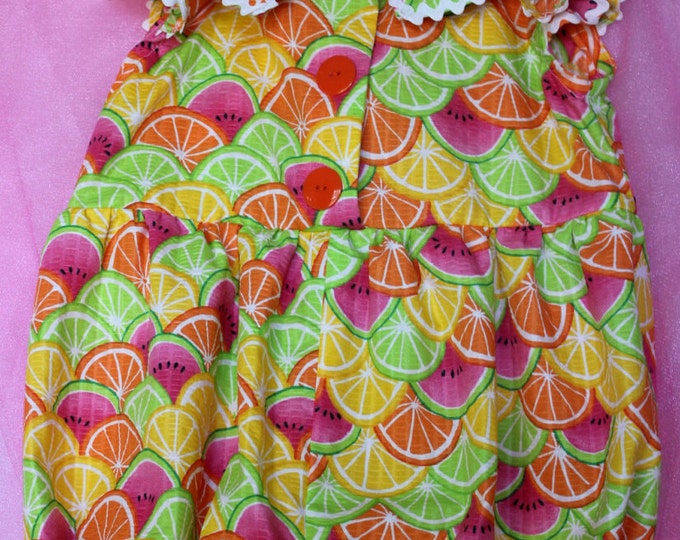 HALF PRICE ** Girl's Size 2 Short Bubble Romper Watermelon, Lime, Lemon, orange seersucker, with ruffle sleeves, rickrack trim & big buttons