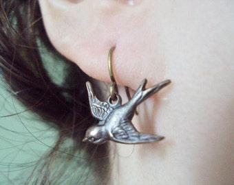 Sparrow Bird Dangle Charm Earrings