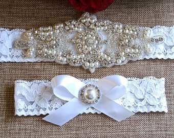 Vintage White Wedding Garter, Crystal Bridal Garter Set, Vintage Inspired Wedding Stretch Lace Garter, Bridal Garter, Garter