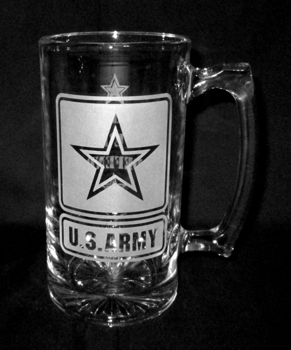 US Army Etched Glass Beer Mug Bar Quality