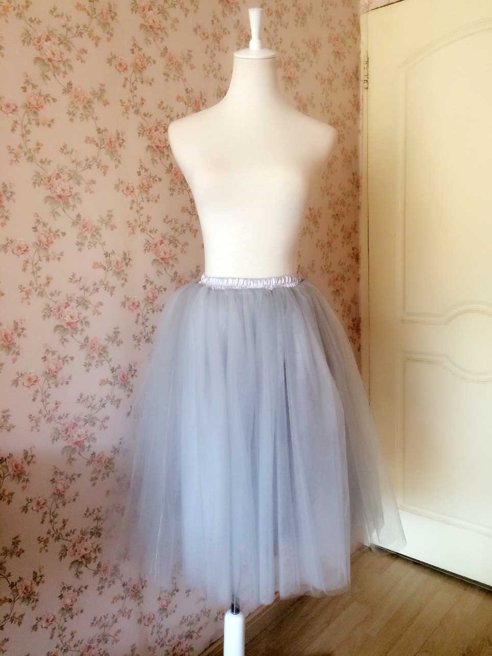 Women Gray Tulle Skirt Stylish Tea Length Tulle Skirts Special Occasion Skirts Custom Size 3893