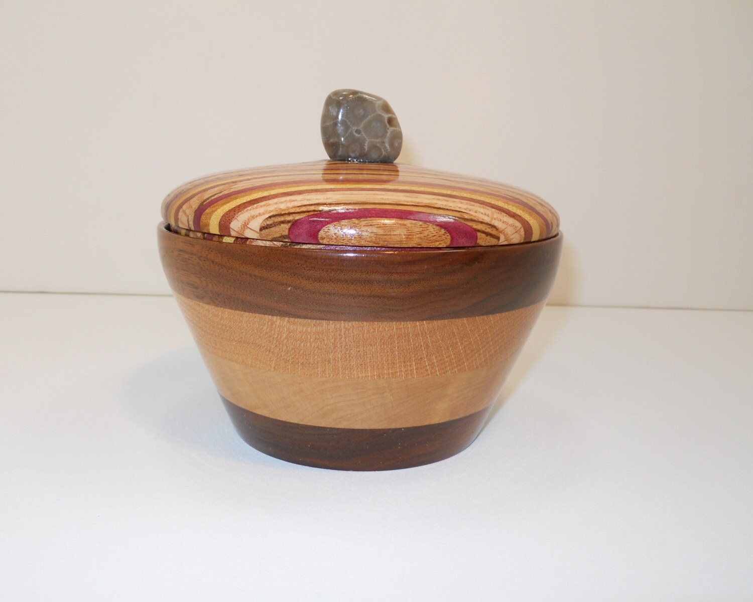 Unique Striped Wooden Bowl With Lid and Petoskey Stone
