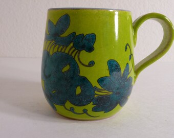 Vintage 1970's Chartreuse Yellow and Blue Coffee Flower Mug Ceramic Hand Made