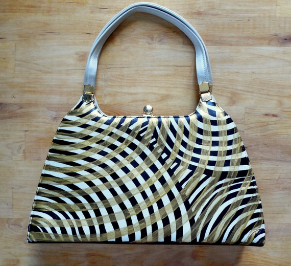 Items similar to Vintage Striped Leather Handbag Black, White, and Gold on Etsy