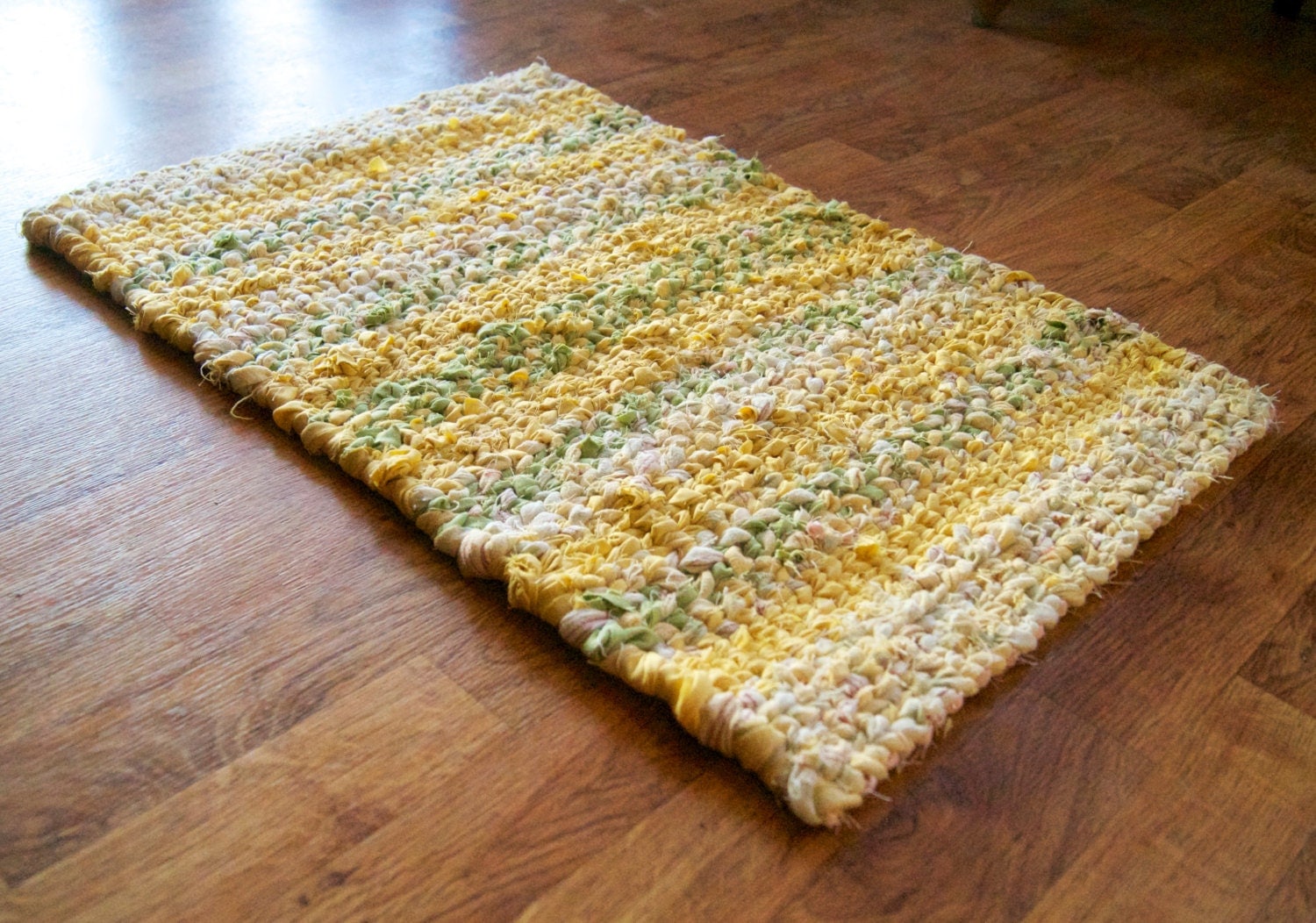 Yellow Rag Rug Twined Hand Woven Washable by CottonBirdRagRugs