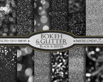 Silver Digital Paper: Black and Silver Glitter Paper, Silver Glitter Digital Paper, Bokeh Digital Paper, Bokeh Background, Black Glitter