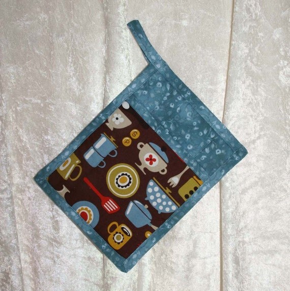 Pocket Pot Holder Blue Hot Pad Potholder by GreenAcornKitchen