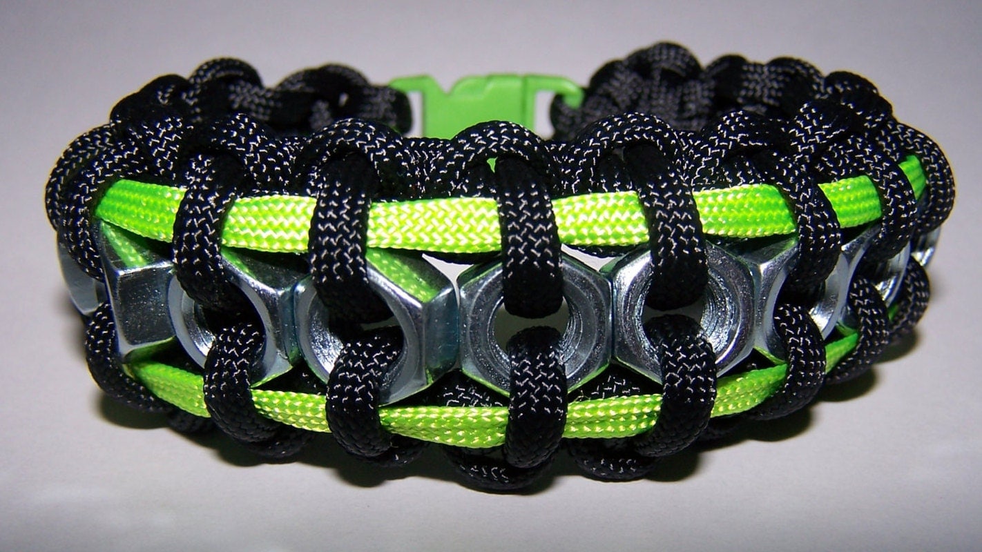 Black and Lime Green Hex Nut Paracord Bracelet by Paracord1110