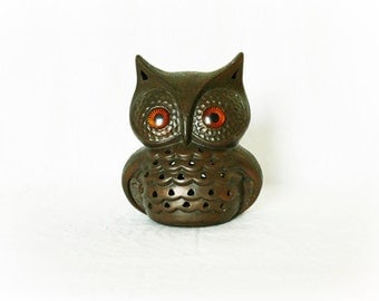 Vintage 70s Fat Owl Luminary Candle Holder Brown Figurine Shelf Art