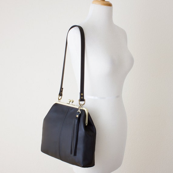 Black Leather Kiss Lock Bag Shoulder Bag with by JillyDesigns