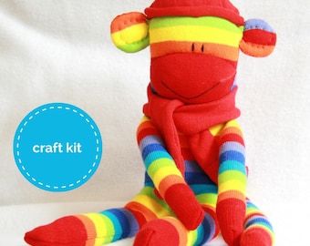 Sewing Pattern, Sock Monkey Kit - Red Rainbow Stripes, Craft Kit, Stuffed toys