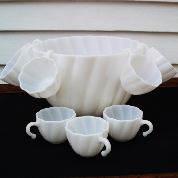 Vintage White Milk Glass Punch Bowl Set Art Deco Swirl Shell Design
