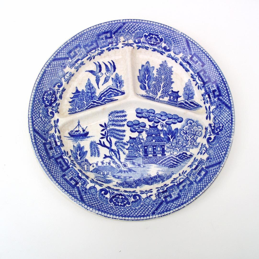 Vintage Grill Plate Blue Willow Divided Dish Occupied