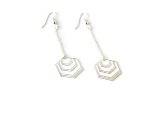 Boucles d'oreille hexagone longue, plaquée argent
