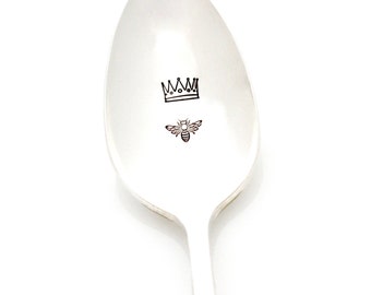 Queen Bee coffee spoon for her. Hand stamped vintage silverware, Unique gift ideas under 25 for french country home decor.