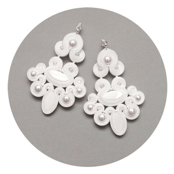 White chandelier earrings pearls soutache. Unique big