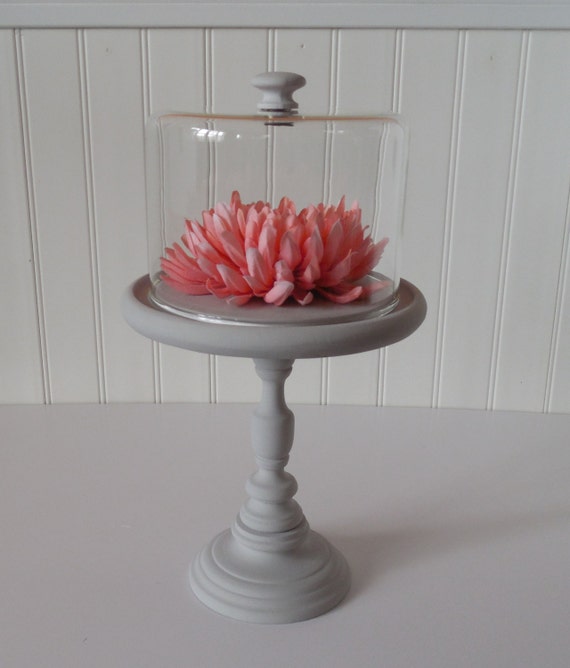 Wood dessert Stand with glass dome / Soft Grey cupcake stand