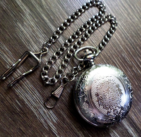 Silver Quartz Pocket Watch with Vest Chain by PocketwatchEmporium