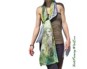 Hand painted silk scarf. Femme fatal scarf. Violet Green scarf. Fairy Ferns Natural sÃ­lk. Whimsical Romantic shawl for her her Wearable art.