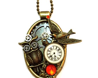Steampunk Owl Necklace, Steampunk Jewelry, Collage Pendant, Steampunk Owl Pendant, Red Rhinestones, Owl Jewelry, Steam punk