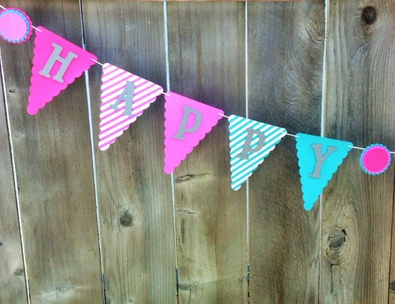 PINK PURPLE and AQUA Birthday Party Banner Purple Birthday