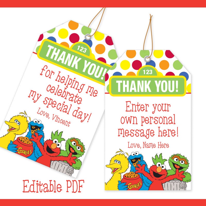 EDITABLE PDF Sesame Street Favor Tag / Thank You Tag