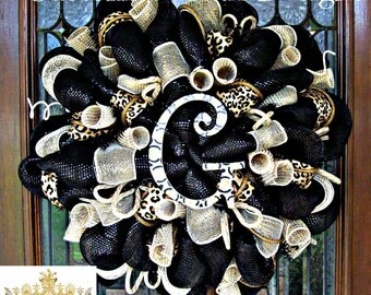 Black and Leopard Monogram Mesh Wreath