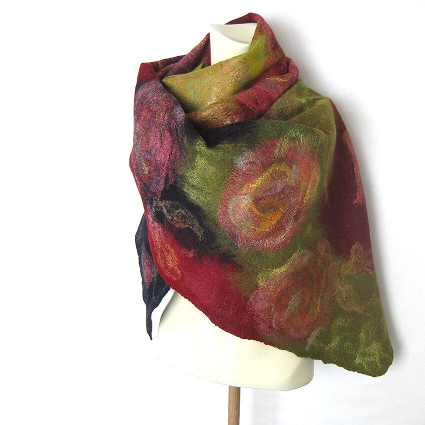 Felted Shawl Felted Scarf Wool Silk Scarf Floral Scarf