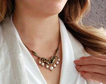 Lily of the Valley Necklace, Flower Necklace, Gift for Her, Art Nouveau Necklace, Wedding Necklace, Pearl Necklace, Vintage Necklace N585