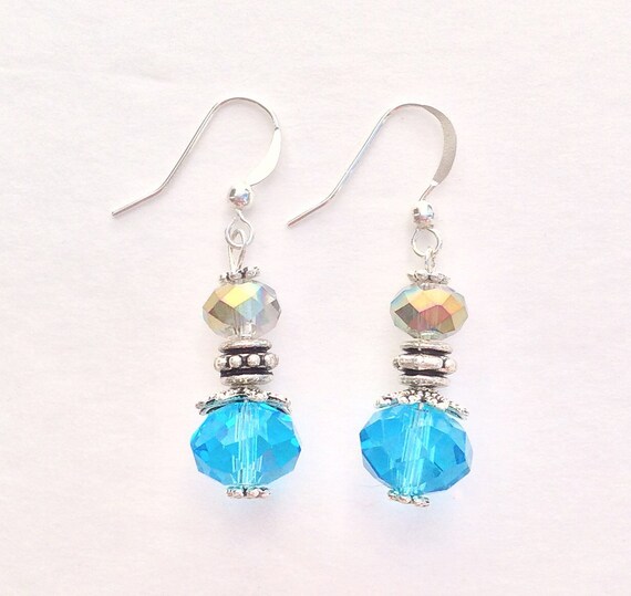 Items similar to Teal & Champagne Crystal Dangling Earrings with Silver ...