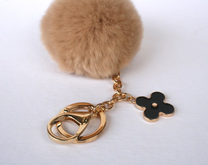Beige-Brown fur pompom keychain REX Rabbit fur pom pom ball with flower charm