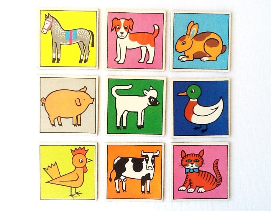 Vintage Animal Lotto Cards Set of 9 Retro Animal Cards