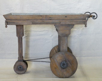 Rustic Wood Cart with Wrought Iron Fittings and Tin LIned Top