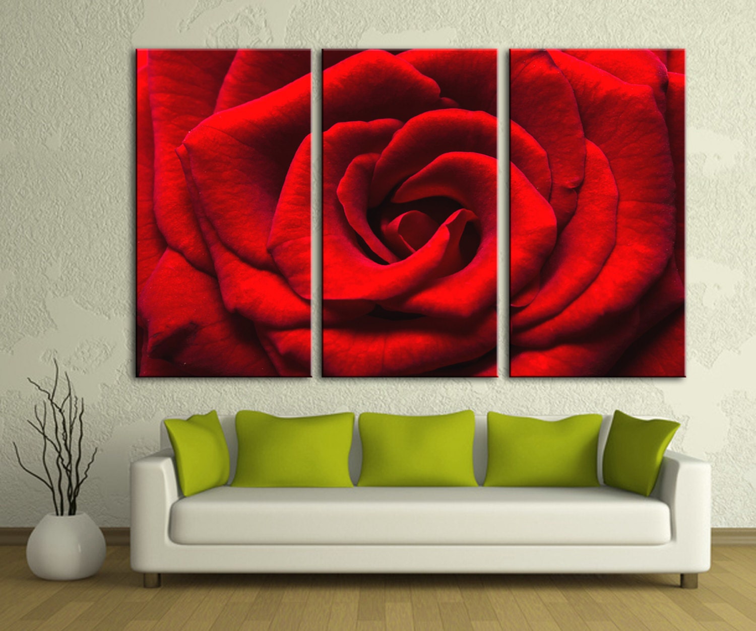 Red Rose 3 Panel Split Triptych Canvas Print. Flower print