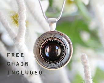 Old camera lens image necklace. Photographers gift pendant. Free matching chain is included.