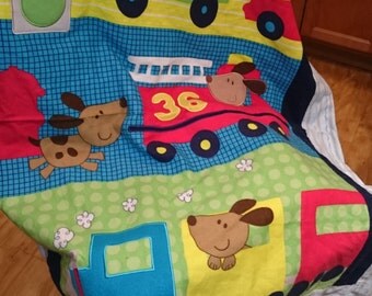baby blanket- puppie, trucks, and train panel flannel and light blue flannel - 42x36