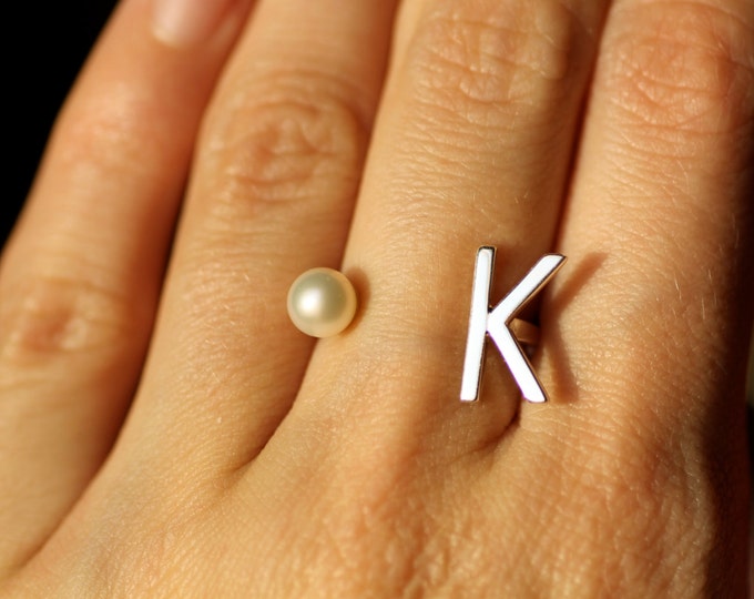 Initial ring Monogram Pearl Personalized name Sterling Silver Cuff Open form Gift idea Unique gold monogram ring