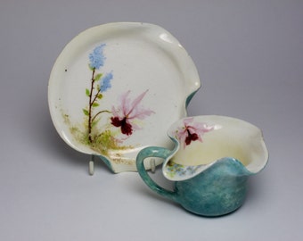 Montigny sur Loing barbotine majolica Art Nouveau orchid cup saucer French pottery