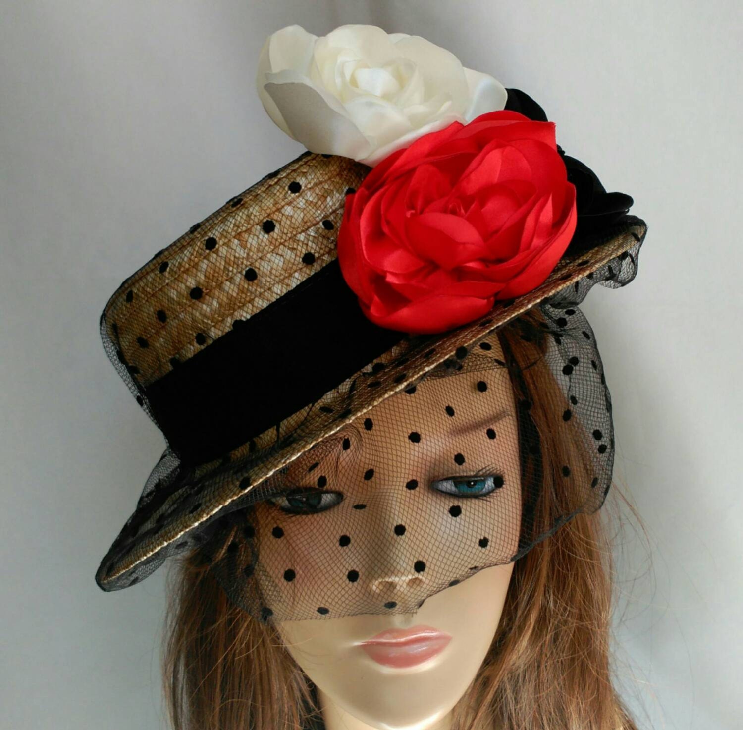 Veil boater hat floral boater hat red fasciantor black veil